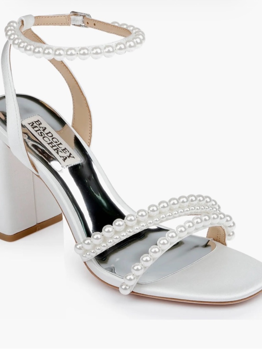 Badgley Mischka White Pearl-Strap Block Heel Sandals with duster original box